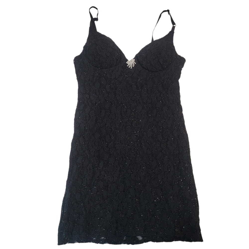 Vintage Y2k Mini Black Slip Lace Dress HOCO Prom Shimmer Detail Sz 11/12